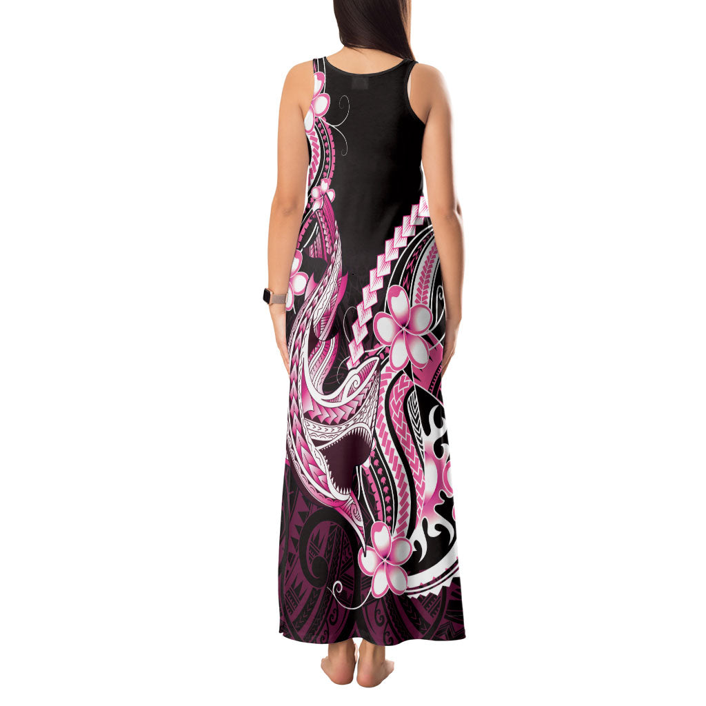 Pink Black Aloha Hawaii Tank Maxi Dress Polynesian Shark Tattoo Plumeria