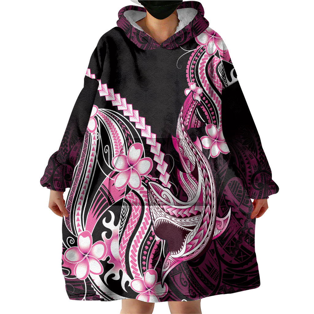 Pink Black Aloha Hawaii Wearable Blanket Hoodie Polynesian Shark Tattoo Plumeria