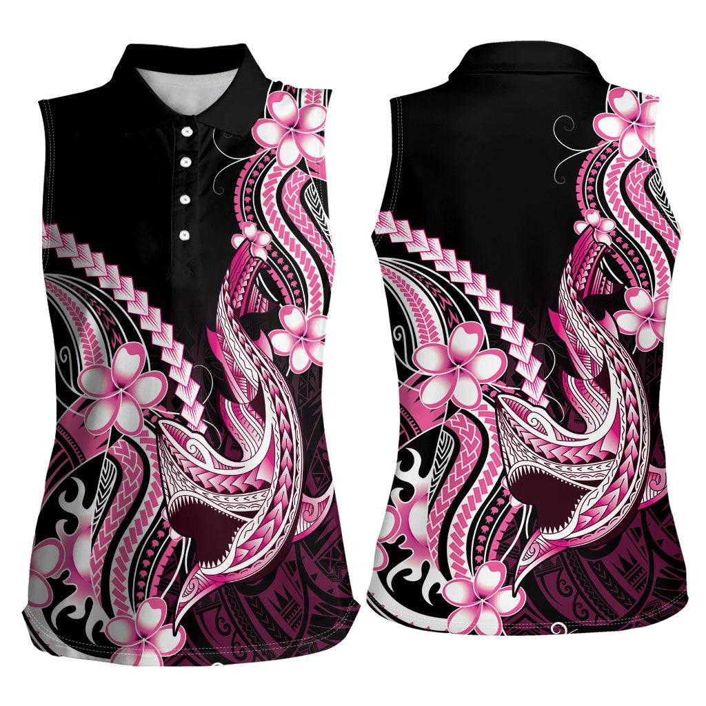 Pink Black Aloha Hawaii Women Sleeveless Polo Shirt Polynesian Shark Tattoo Plumeria LT14 - Polynesian Pride