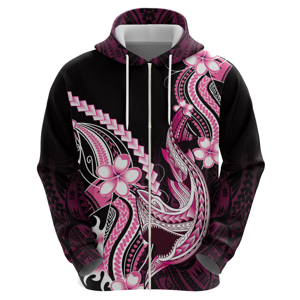 Pink Black Aloha Hawaii Zip Hoodie Polynesian Shark Tattoo Plumeria