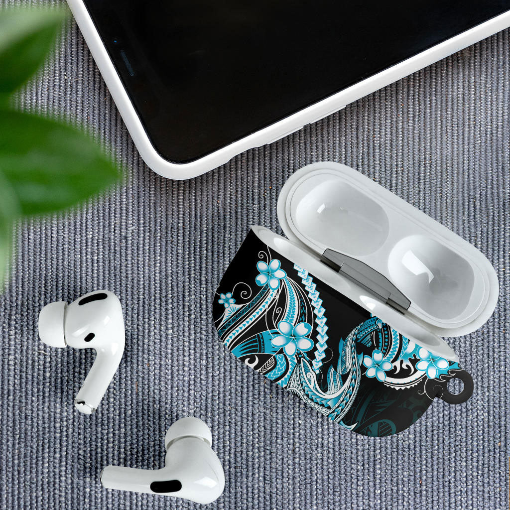 Blue Black Aloha Hawaii AirPods Case Polynesian Shark Tattoo Plumeria