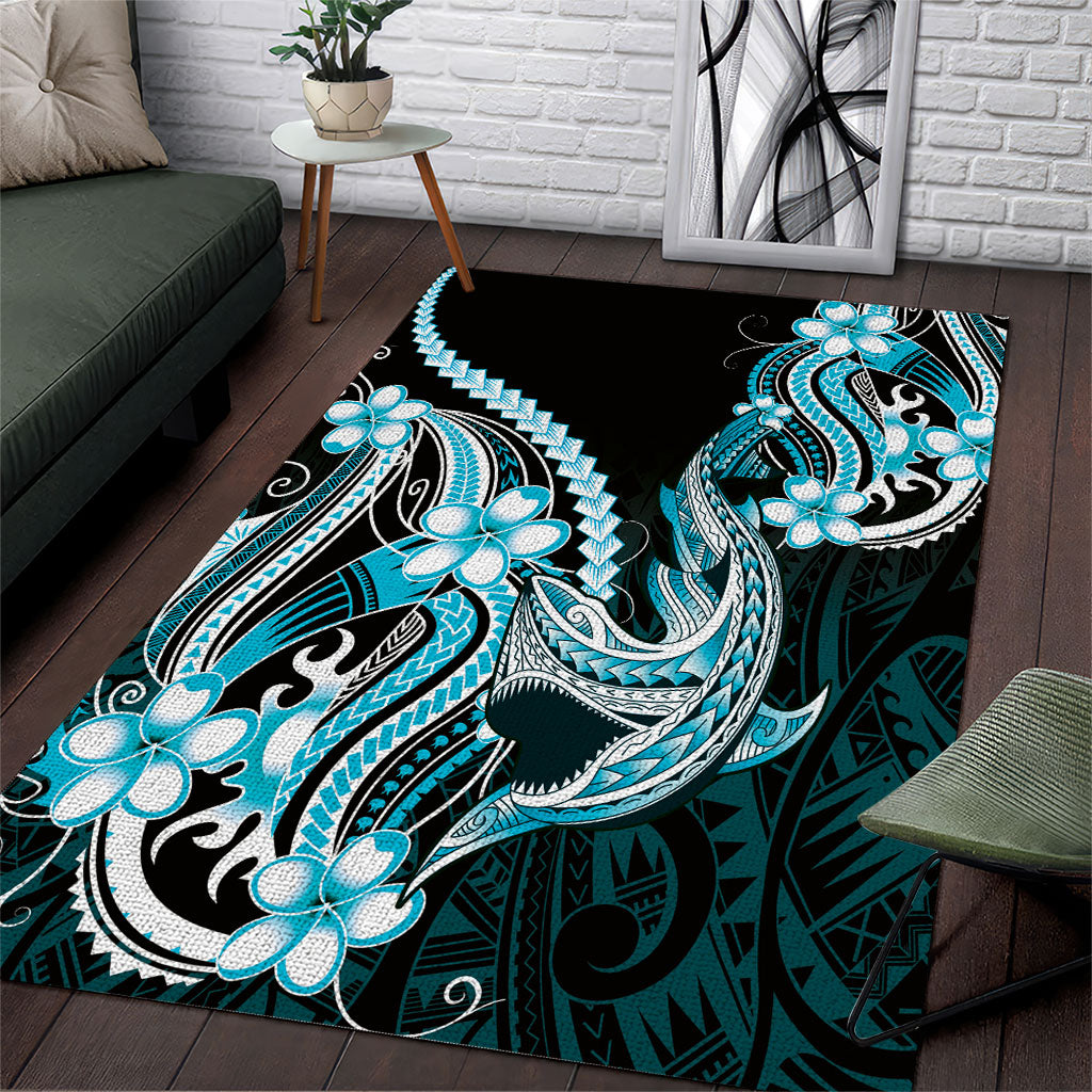 Blue Black Aloha Hawaii Area Rug Polynesian Shark Tattoo Plumeria