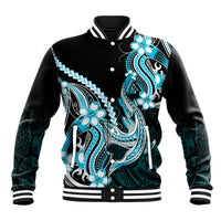 Blue Black Aloha Hawaii Baseball Jacket Polynesian Shark Tattoo Plumeria