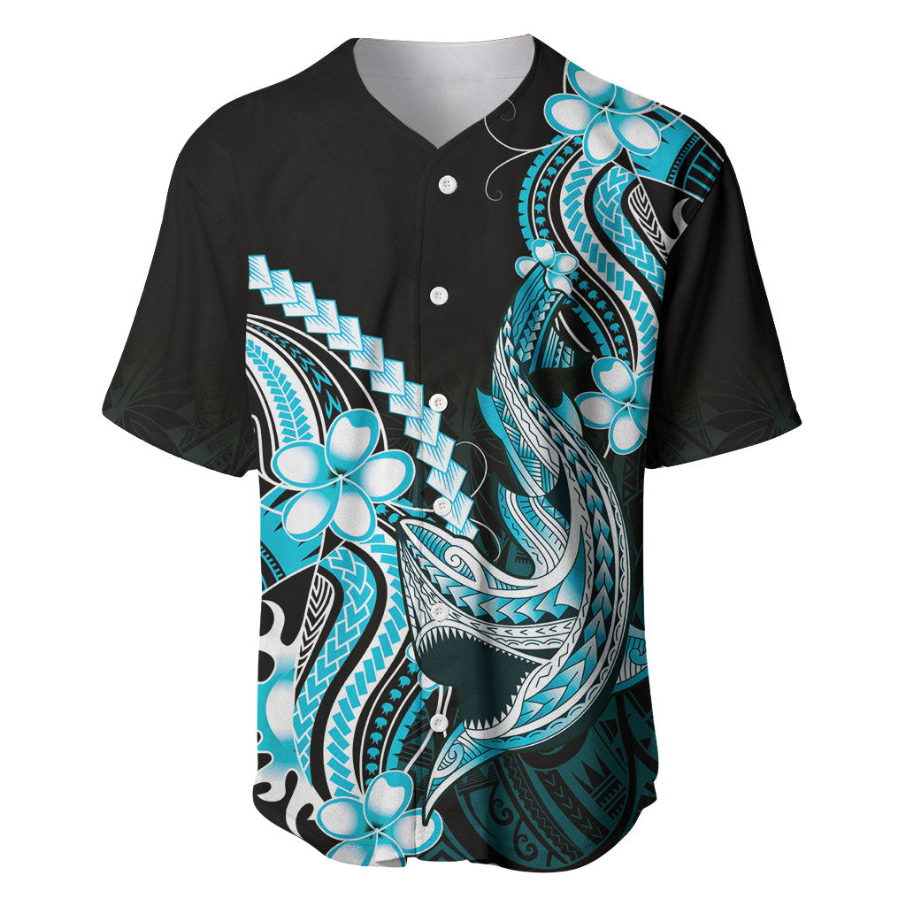 Blue Black Aloha Hawaii Baseball Jersey Polynesian Shark Tattoo Plumeria