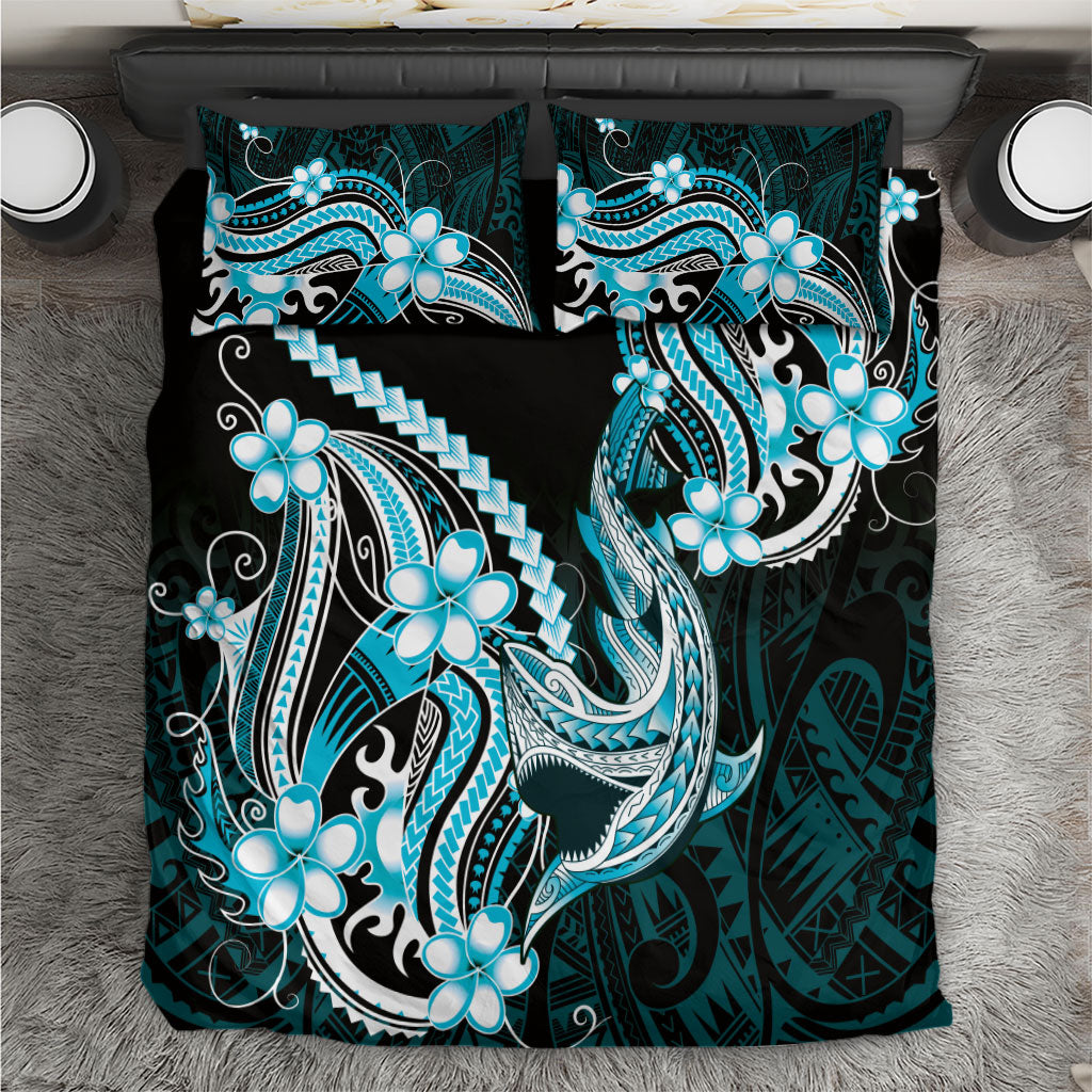 Blue Black Aloha Hawaii Bedding Set Polynesian Shark Tattoo Plumeria