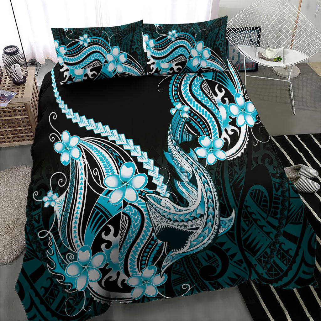 Blue Black Aloha Hawaii Bedding Set Polynesian Shark Tattoo Plumeria