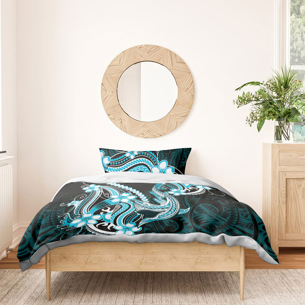 Blue Black Aloha Hawaii Bedding Set Polynesian Shark Tattoo Plumeria