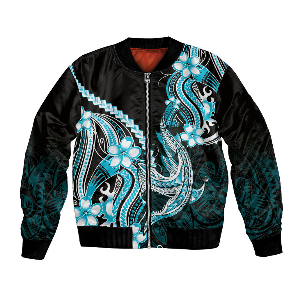 Blue Black Aloha Hawaii Bomber Jacket Polynesian Shark Tattoo Plumeria