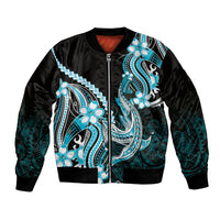 Blue Black Aloha Hawaii Bomber Jacket Polynesian Shark Tattoo Plumeria
