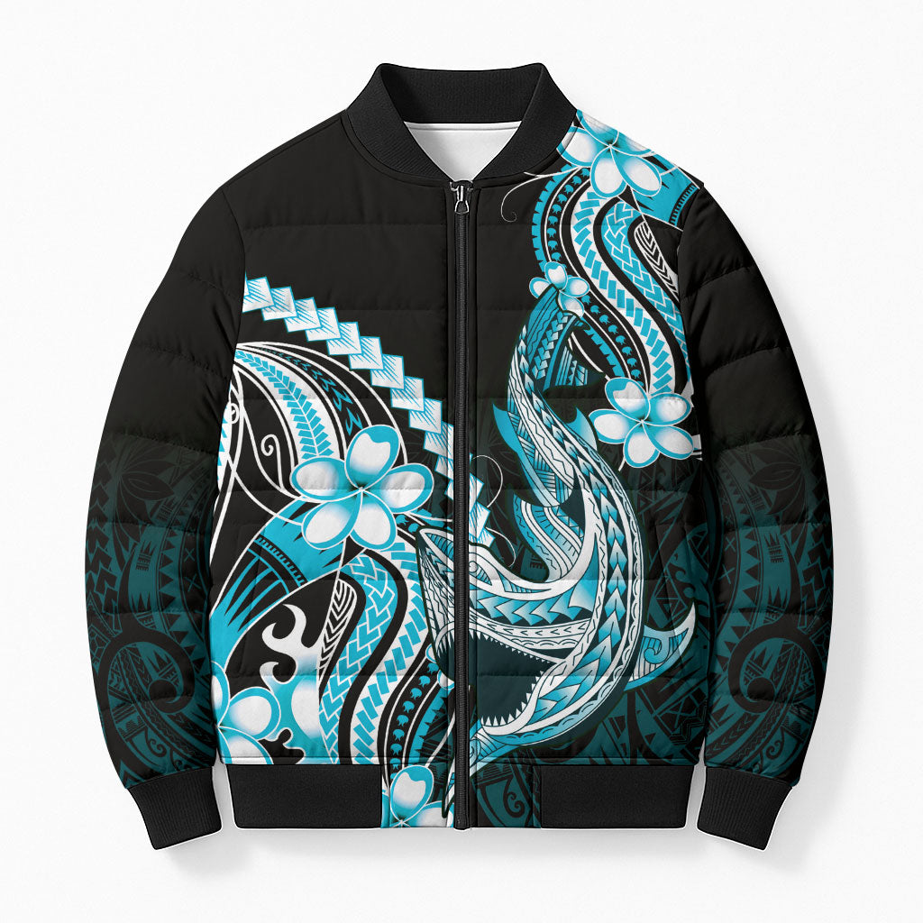 Blue Black Aloha Hawaii Bomber Puffer Jacket Polynesian Shark Tattoo Plumeria