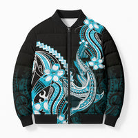 Blue Black Aloha Hawaii Bomber Puffer Jacket Polynesian Shark Tattoo Plumeria