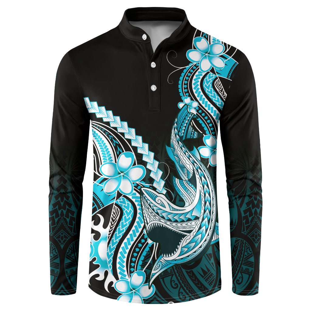Blue Black Aloha Hawaii Button Sweatshirt Polynesian Shark Tattoo Plumeria