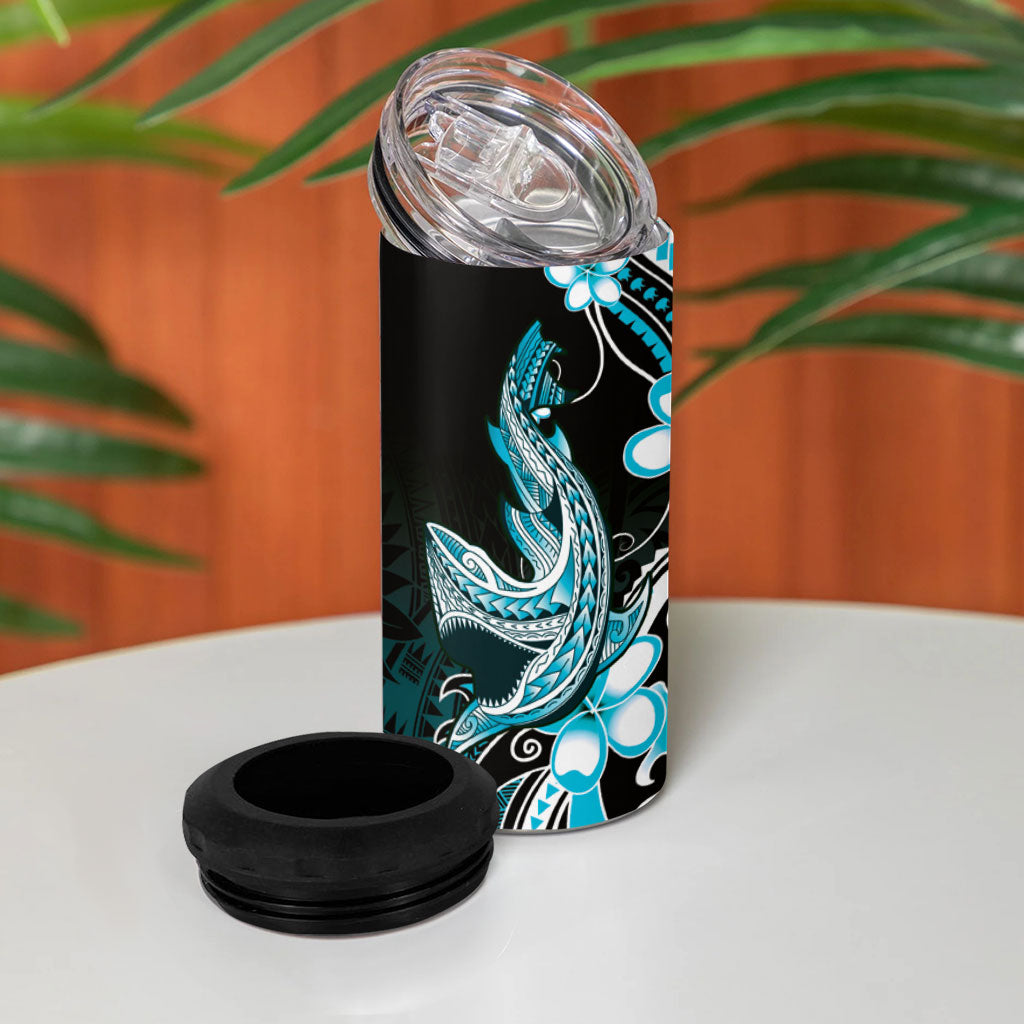 Blue Black Aloha Hawaii 4 in 1 Can Cooler Tumbler Polynesian Shark Tattoo Plumeria