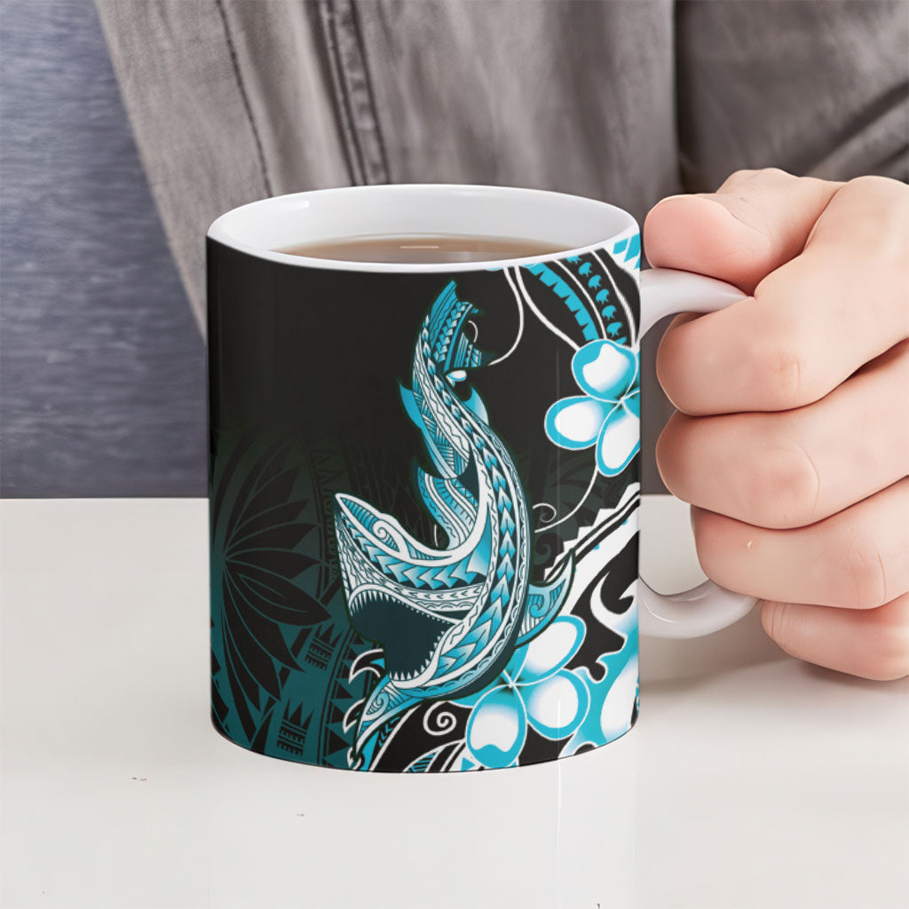 Blue Black Aloha Hawaii Ceramic Mug Polynesian Shark Tattoo Plumeria