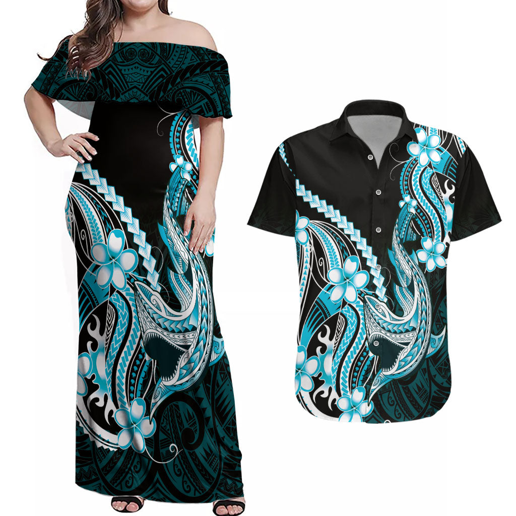 Blue Black Aloha Hawaii Couples Matching Off Shoulder Maxi Dress and Hawaiian Shirt Polynesian Shark Tattoo Plumeria LT14 Blue - Polynesian Pride