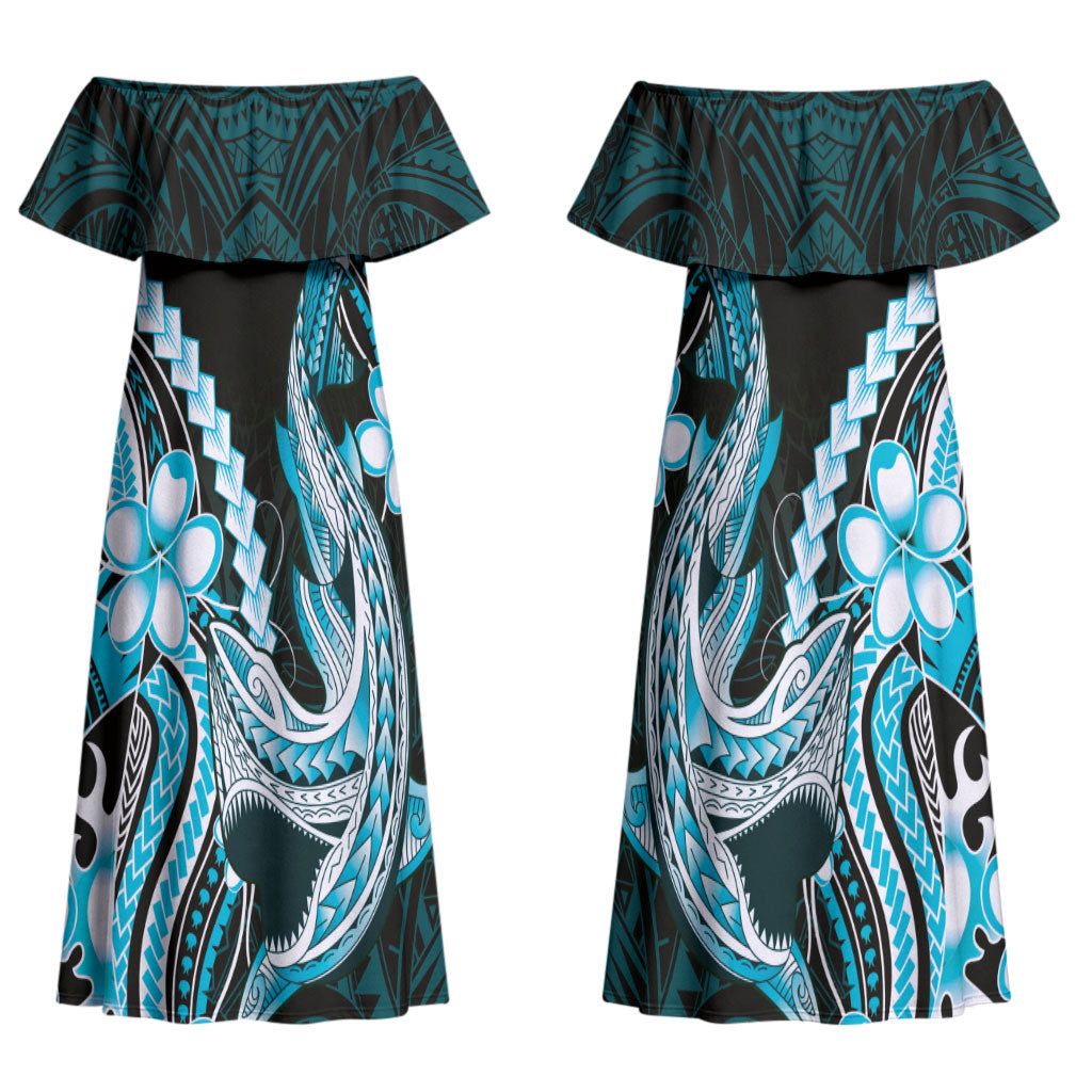 Blue Black Aloha Hawaii Couples Matching Off Shoulder Maxi Dress and Hawaiian Shirt Polynesian Shark Tattoo Plumeria LT14 - Polynesian Pride