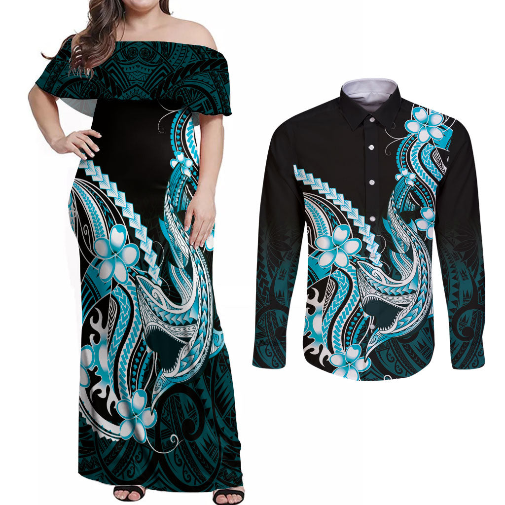 Blue Black Aloha Hawaii Couples Matching Off Shoulder Maxi Dress and Long Sleeve Button Shirt Polynesian Shark Tattoo Plumeria
