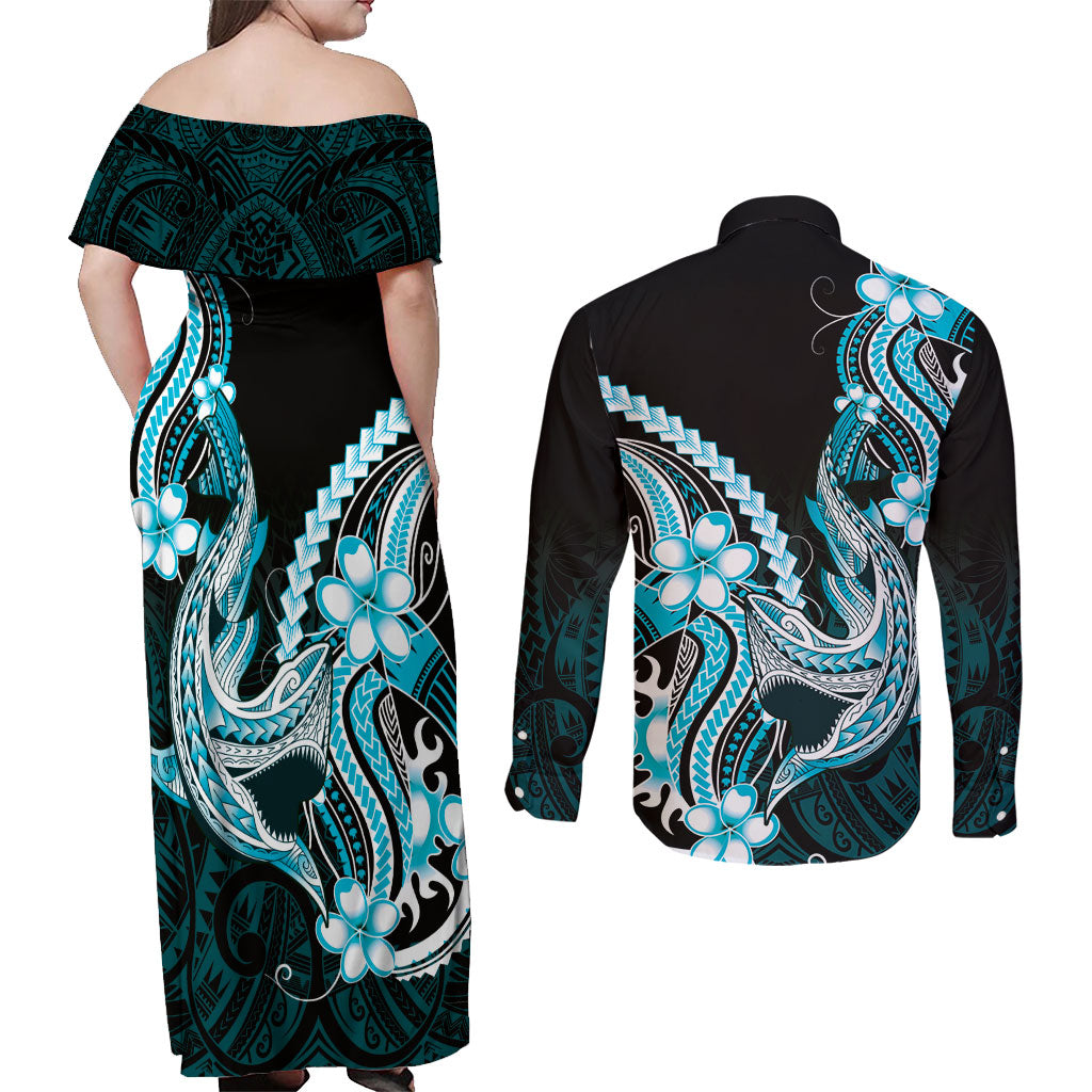 Blue Black Aloha Hawaii Couples Matching Off Shoulder Maxi Dress and Long Sleeve Button Shirt Polynesian Shark Tattoo Plumeria LT14 - Polynesian Pride