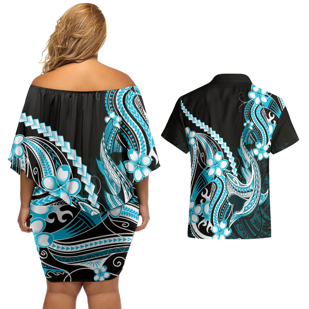 Blue Black Aloha Hawaii Couples Matching Off Shoulder Short Dress and Hawaiian Shirt Polynesian Shark Tattoo Plumeria LT14 - Polynesian Pride