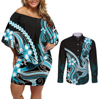 Blue Black Aloha Hawaii Couples Matching Off Shoulder Short Dress and Long Sleeve Button Shirt Polynesian Shark Tattoo Plumeria LT14 Blue - Polynesian Pride