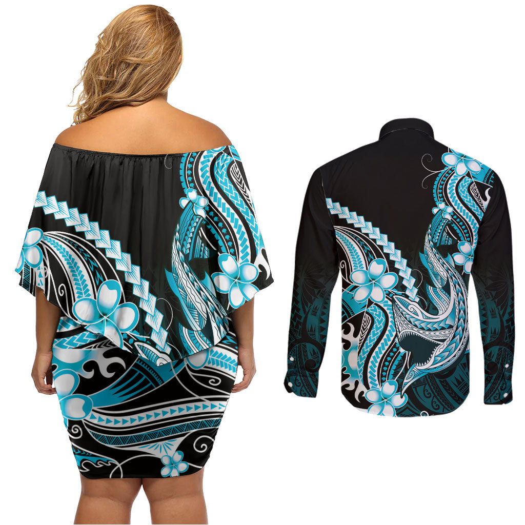 Blue Black Aloha Hawaii Couples Matching Off Shoulder Short Dress and Long Sleeve Button Shirt Polynesian Shark Tattoo Plumeria LT14 - Polynesian Pride