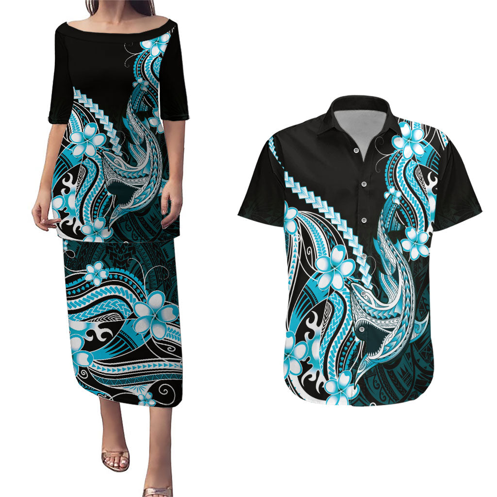 Blue Black Aloha Hawaii Couples Matching Puletasi and Hawaiian Shirt Polynesian Shark Tattoo Plumeria LT14 Blue - Polynesian Pride