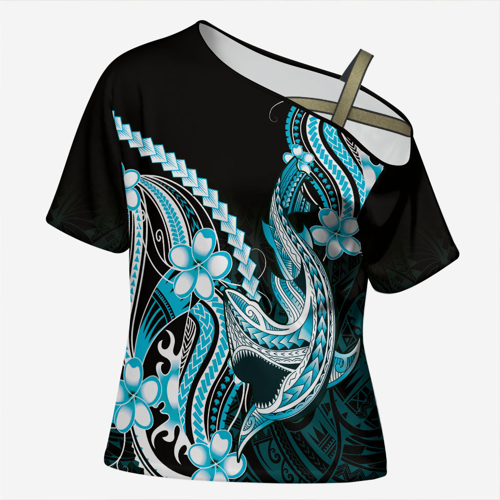 Blue Black Aloha Hawaii Cross Shoulder Shirt Polynesian Shark Tattoo Plumeria LT14 Female Blue - Polynesian Pride