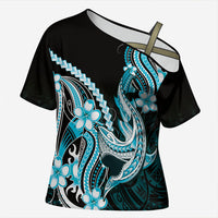 Blue Black Aloha Hawaii Cross Shoulder Shirt Polynesian Shark Tattoo Plumeria LT14 Female Blue - Polynesian Pride