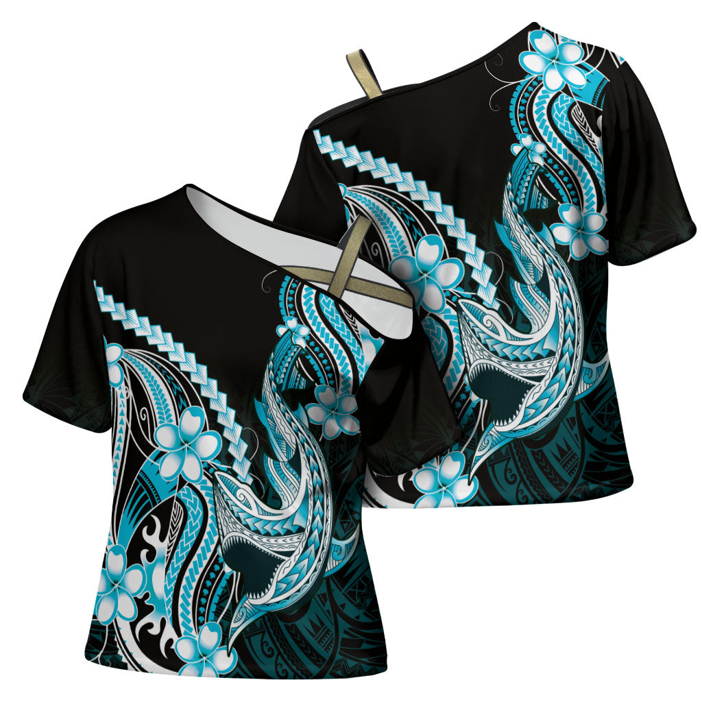 Blue Black Aloha Hawaii Cross Shoulder Shirt Polynesian Shark Tattoo Plumeria LT14 - Polynesian Pride