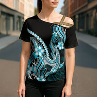 Blue Black Aloha Hawaii Cross Shoulder Shirt Polynesian Shark Tattoo Plumeria LT14 - Polynesian Pride