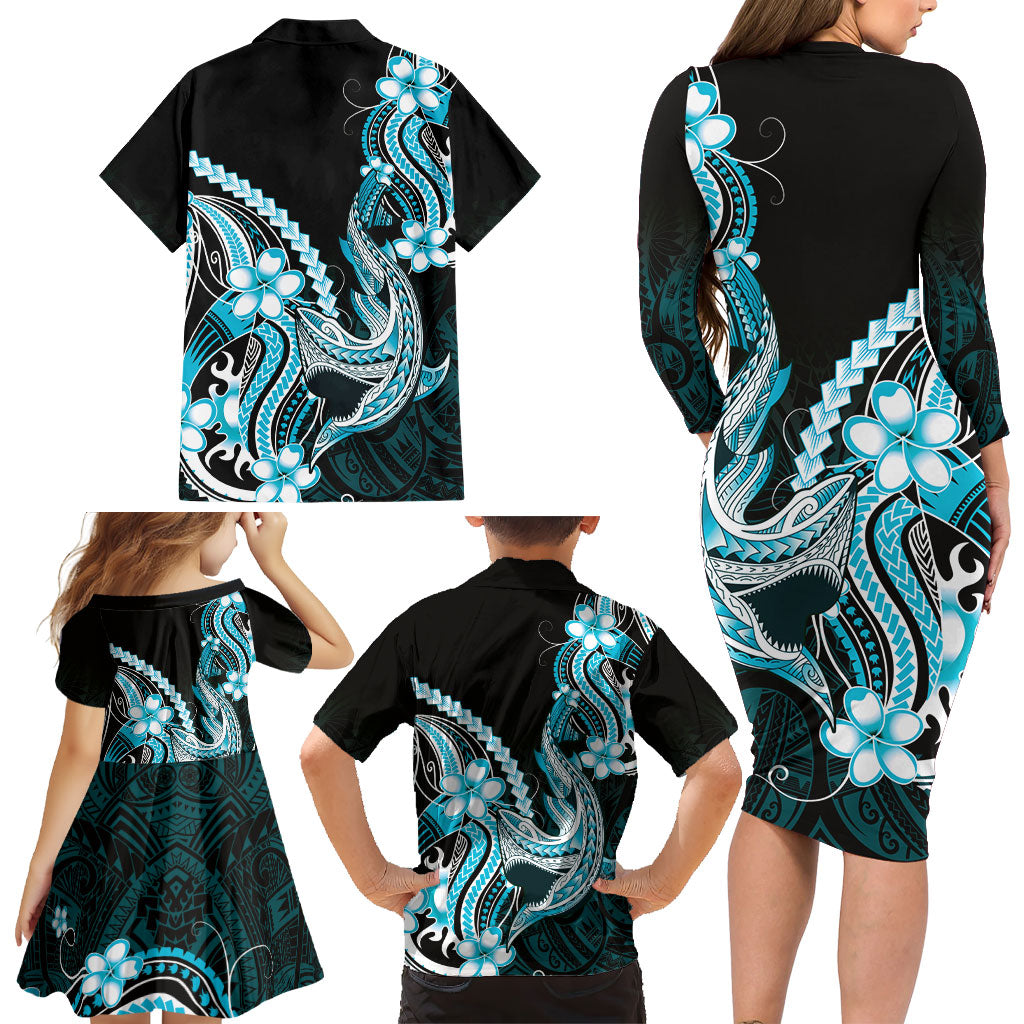 Blue Black Aloha Hawaii Family Matching Long Sleeve Bodycon Dress and Hawaiian Shirt Polynesian Shark Tattoo Plumeria LT14 - Polynesian Pride