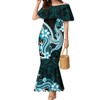 Blue Black Aloha Hawaii Family Matching Mermaid Dress and Hawaiian Shirt Polynesian Shark Tattoo Plumeria LT14 Mom's Dress Blue - Polynesian Pride