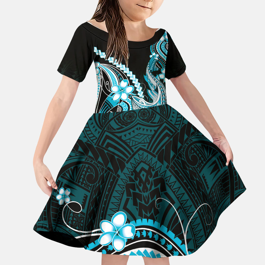 Blue Black Aloha Hawaii Family Matching Off The Shoulder Long Sleeve Dress and Hawaiian Shirt Polynesian Shark Tattoo Plumeria LT14 Daughter's Dress Blue - Polynesian Pride