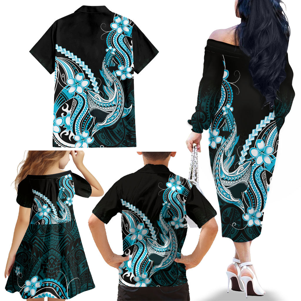 Blue Black Aloha Hawaii Family Matching Off The Shoulder Long Sleeve Dress and Hawaiian Shirt Polynesian Shark Tattoo Plumeria LT14 - Polynesian Pride