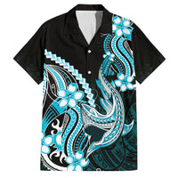 Blue Black Aloha Hawaii Family Matching Off The Shoulder Long Sleeve Dress and Hawaiian Shirt Polynesian Shark Tattoo Plumeria LT14 Dad's Shirt - Short Sleeve Blue - Polynesian Pride