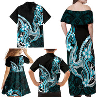 Blue Black Aloha Hawaii Family Matching Off Shoulder Maxi Dress and Hawaiian Shirt Polynesian Shark Tattoo Plumeria LT14 - Polynesian Pride