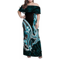 Blue Black Aloha Hawaii Family Matching Off Shoulder Maxi Dress and Hawaiian Shirt Polynesian Shark Tattoo Plumeria LT14 Mom's Dress Blue - Polynesian Pride