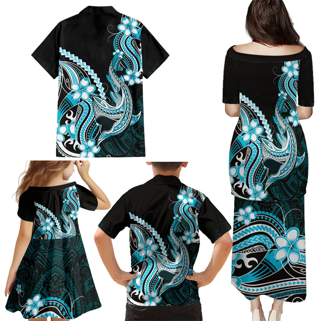 Blue Black Aloha Hawaii Family Matching Puletasi and Hawaiian Shirt Polynesian Shark Tattoo Plumeria LT14 - Polynesian Pride