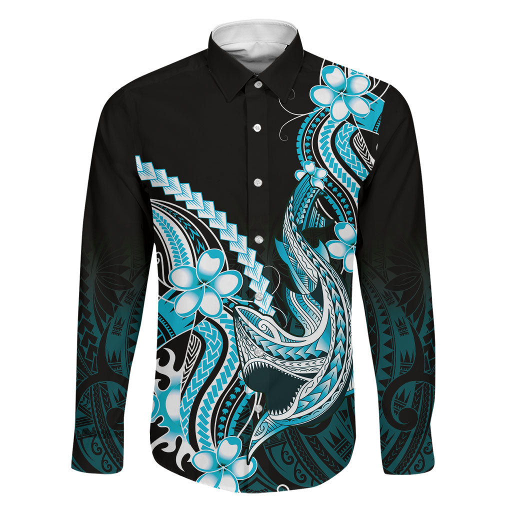 Blue Black Aloha Hawaii Family Matching Short Sleeve Bodycon Dress and Hawaiian Shirt Polynesian Shark Tattoo Plumeria LT14 Dad's Shirt - Long Sleeve Blue - Polynesian Pride