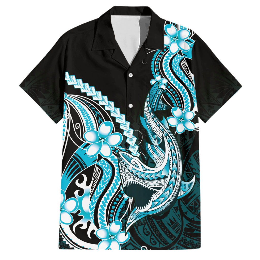 Blue Black Aloha Hawaii Family Matching Summer Maxi Dress and Hawaiian Shirt Polynesian Shark Tattoo Plumeria LT14 Dad's Shirt - Short Sleeve Blue - Polynesian Pride