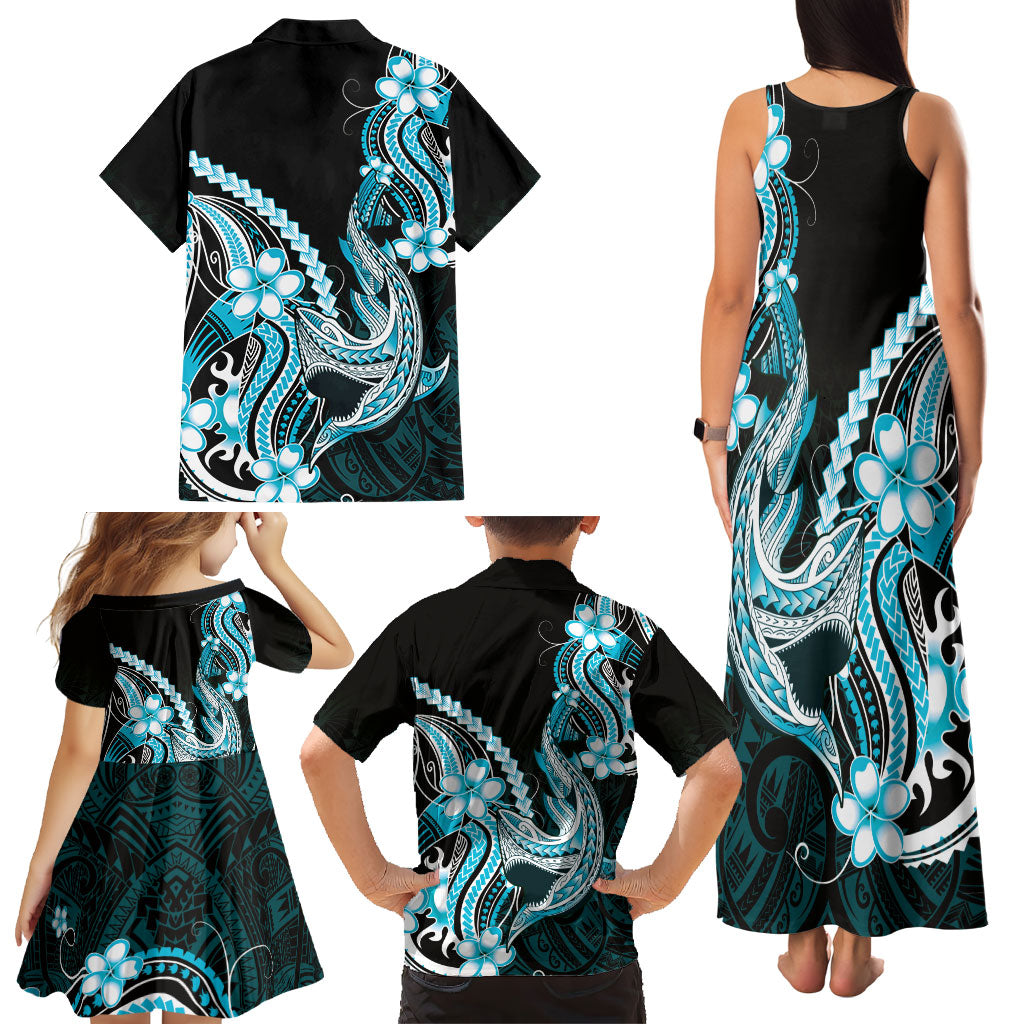 Blue Black Aloha Hawaii Family Matching Tank Maxi Dress and Hawaiian Shirt Polynesian Shark Tattoo Plumeria LT14 - Polynesian Pride