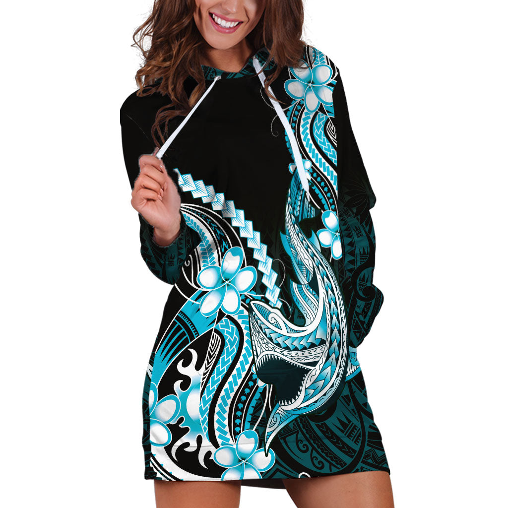 Blue Black Aloha Hawaii Hoodie Dress Polynesian Shark Tattoo Plumeria