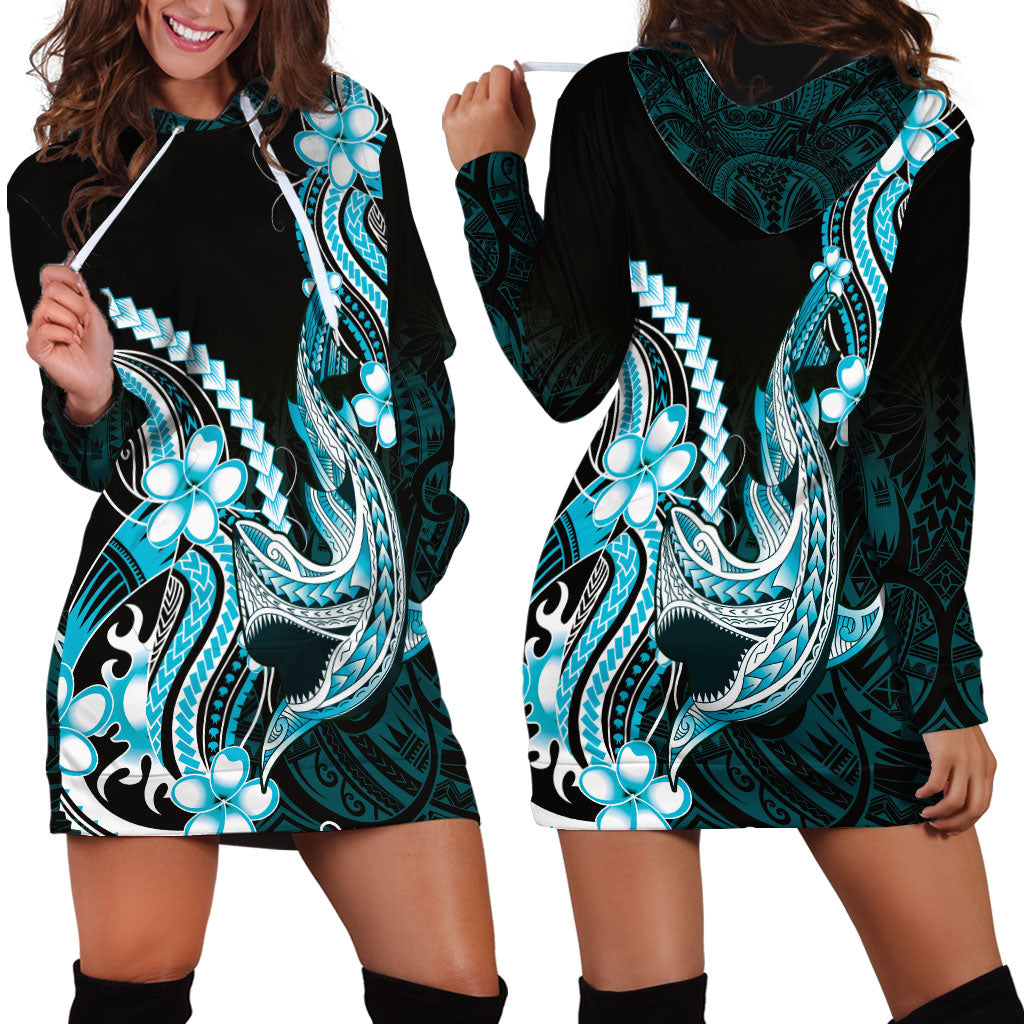Blue Black Aloha Hawaii Hoodie Dress Polynesian Shark Tattoo Plumeria