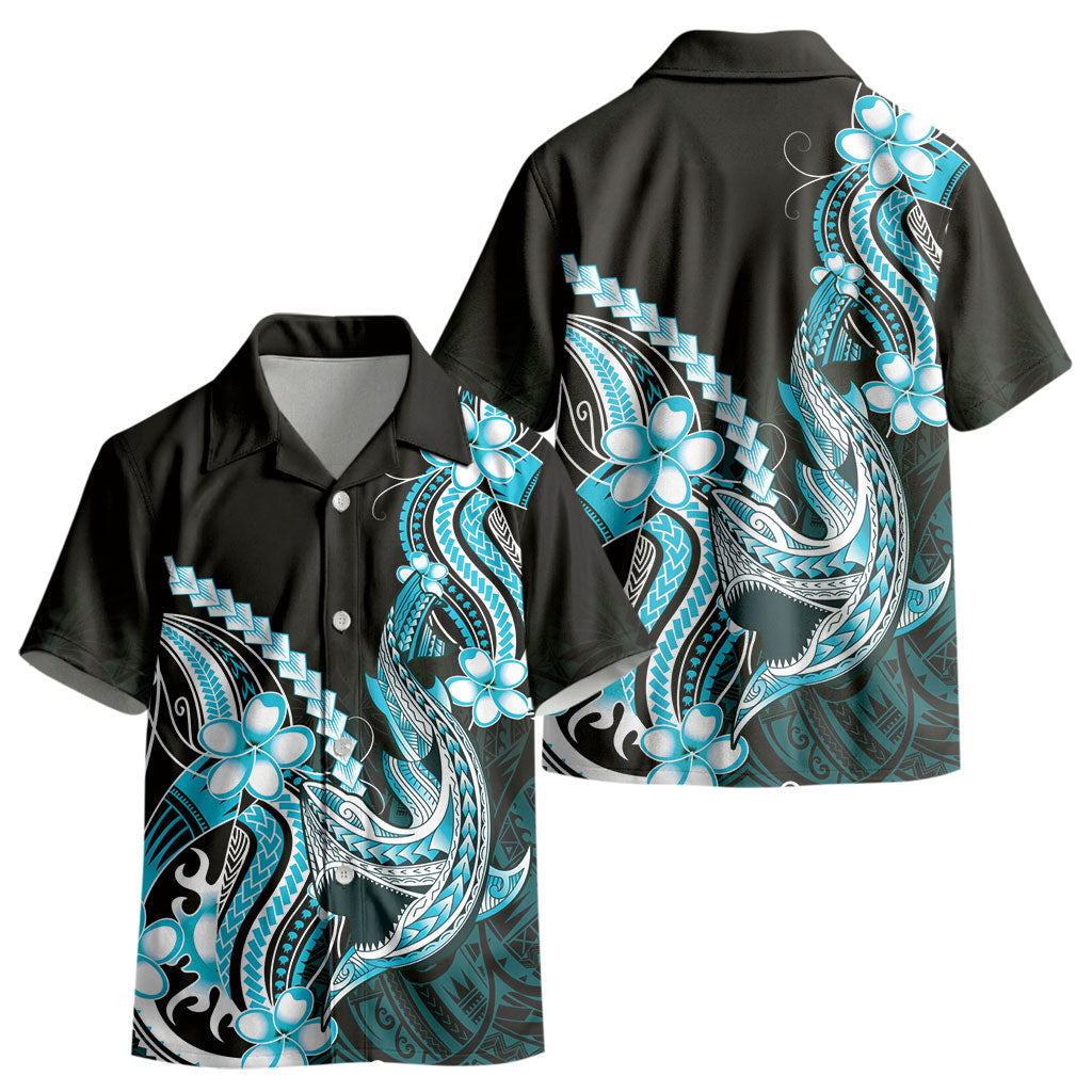 Blue Black Aloha Hawaii Kid Hawaiian Shirt Polynesian Shark Tattoo Plumeria LT14 - Polynesian Pride