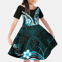 Blue Black Aloha Hawaii Kid Short Sleeve Dress Polynesian Shark Tattoo Plumeria