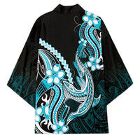 Blue Black Aloha Hawaii Kimono Polynesian Shark Tattoo Plumeria