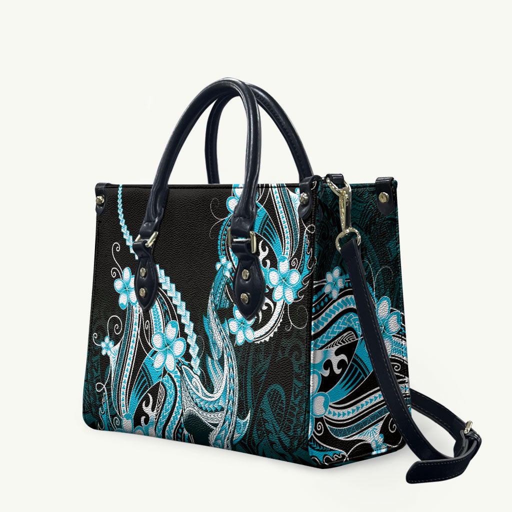 Blue Black Aloha Hawaii Leather Bag Polynesian Shark Tattoo Plumeria