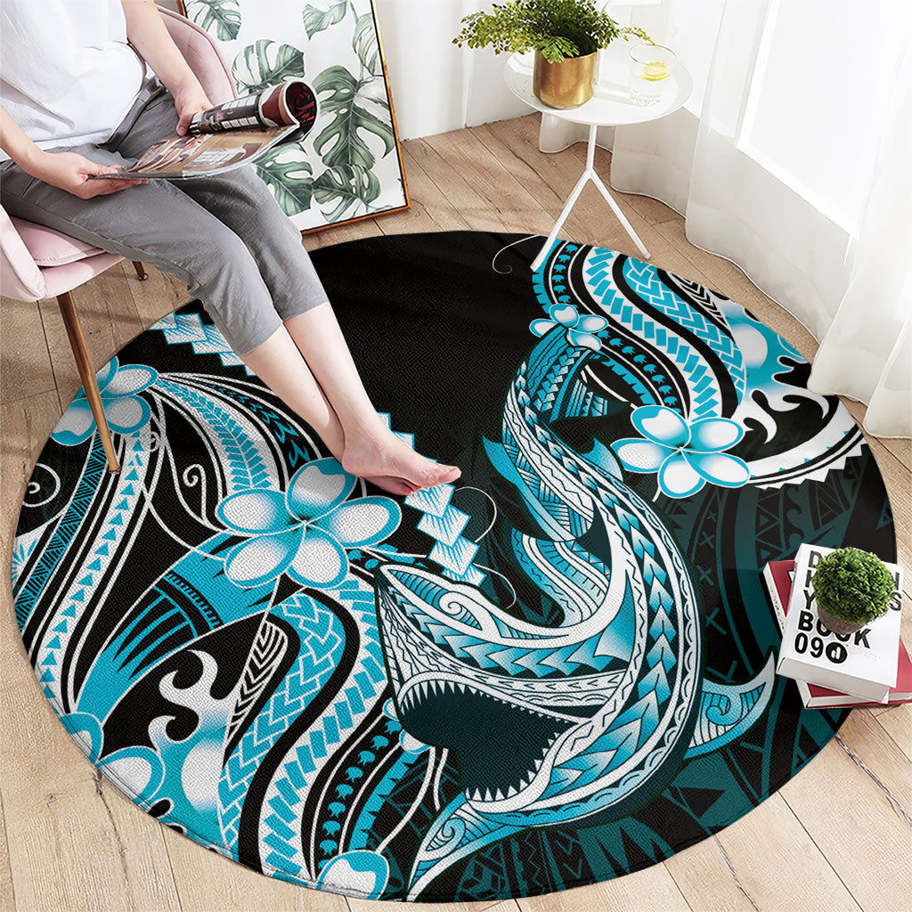 Blue Black Aloha Hawaii Round Carpet Polynesian Shark Tattoo Plumeria