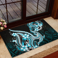 Blue Black Aloha Hawaii Rubber Doormat Polynesian Shark Tattoo Plumeria