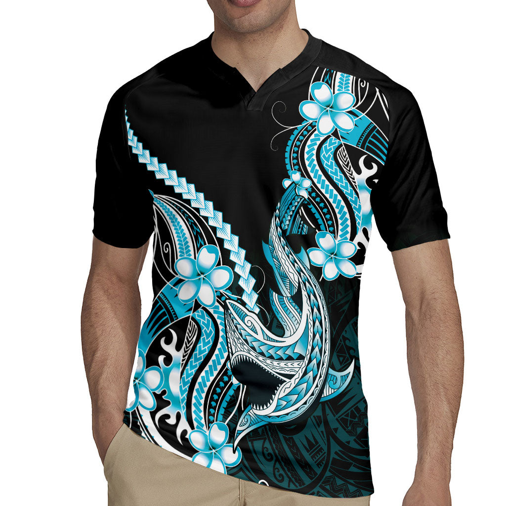 Blue Black Aloha Hawaii Rugby Jersey Polynesian Shark Tattoo Plumeria LT14 - Polynesian Pride
